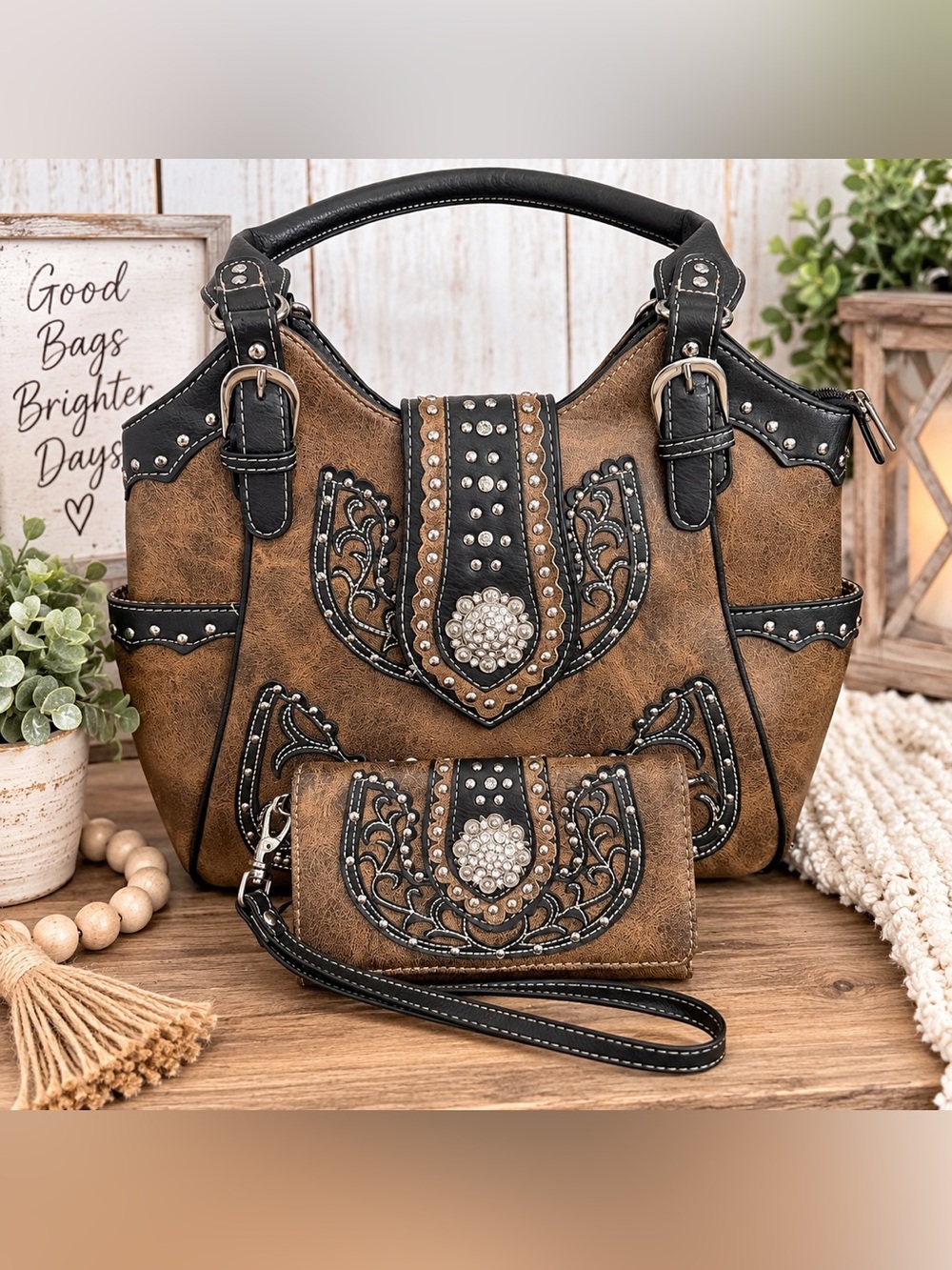 Women's Brown Embellished Satchel Handbag with Matching Wallet
